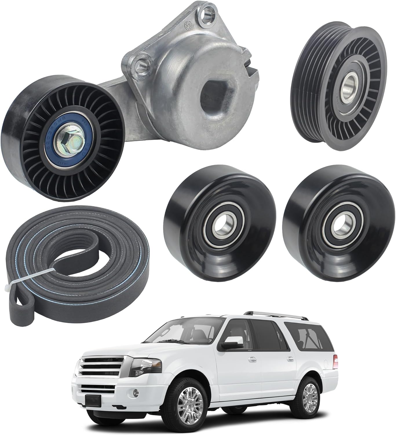Engine Serpentine Belt Drive Tensioner Pulley Component Kit Compatible with 2005-2014 Ford F-150 F-250 F-350 Explorer Explorer Sport Trac Expedition Lincoln Navigator Replaces 90K-38274A
