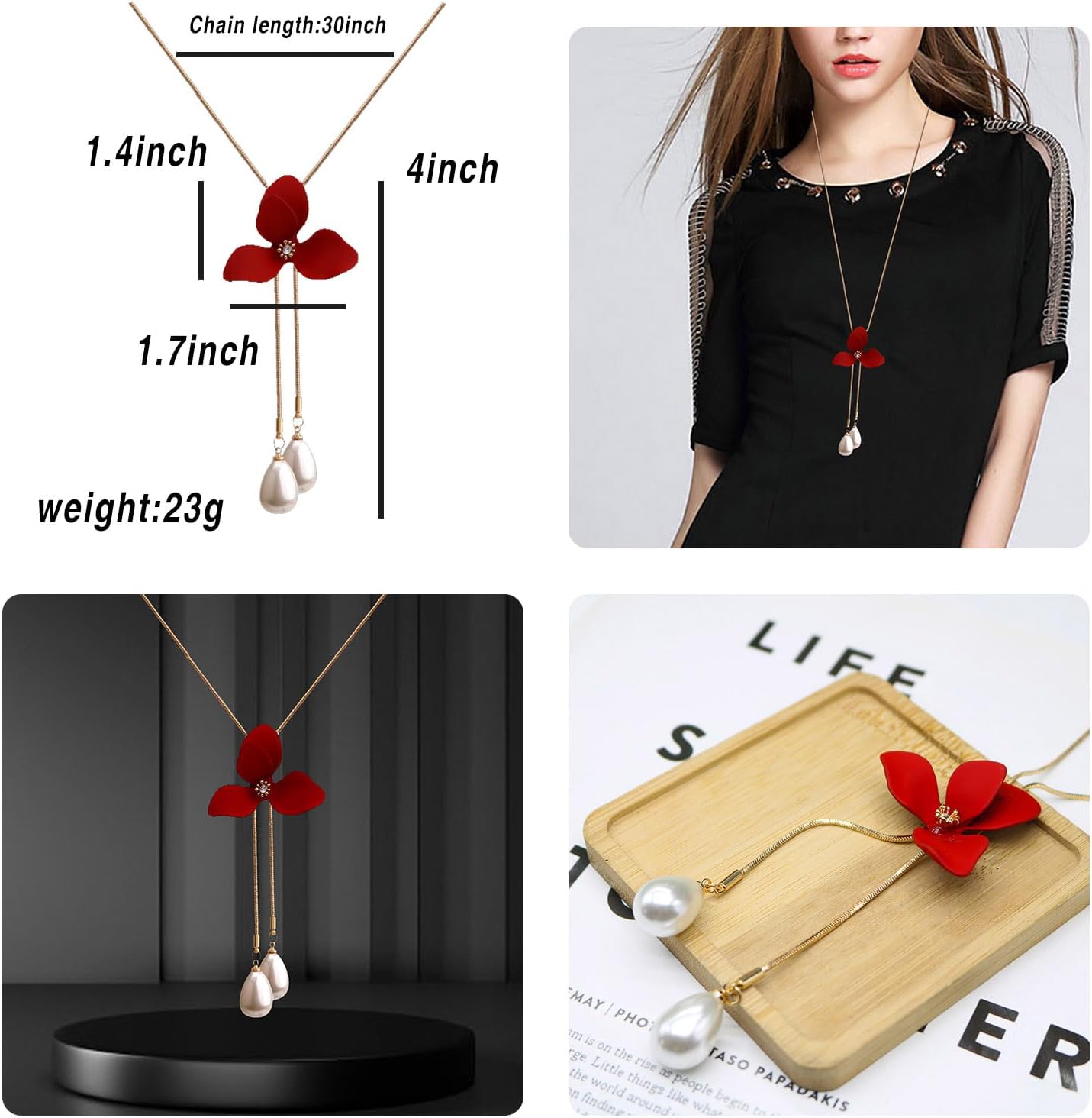 Crystal Flower Pendant Necklace Pretty Pearl Adjustable Long Sweater Necklace Fashion Jewelry for Women - Image 3