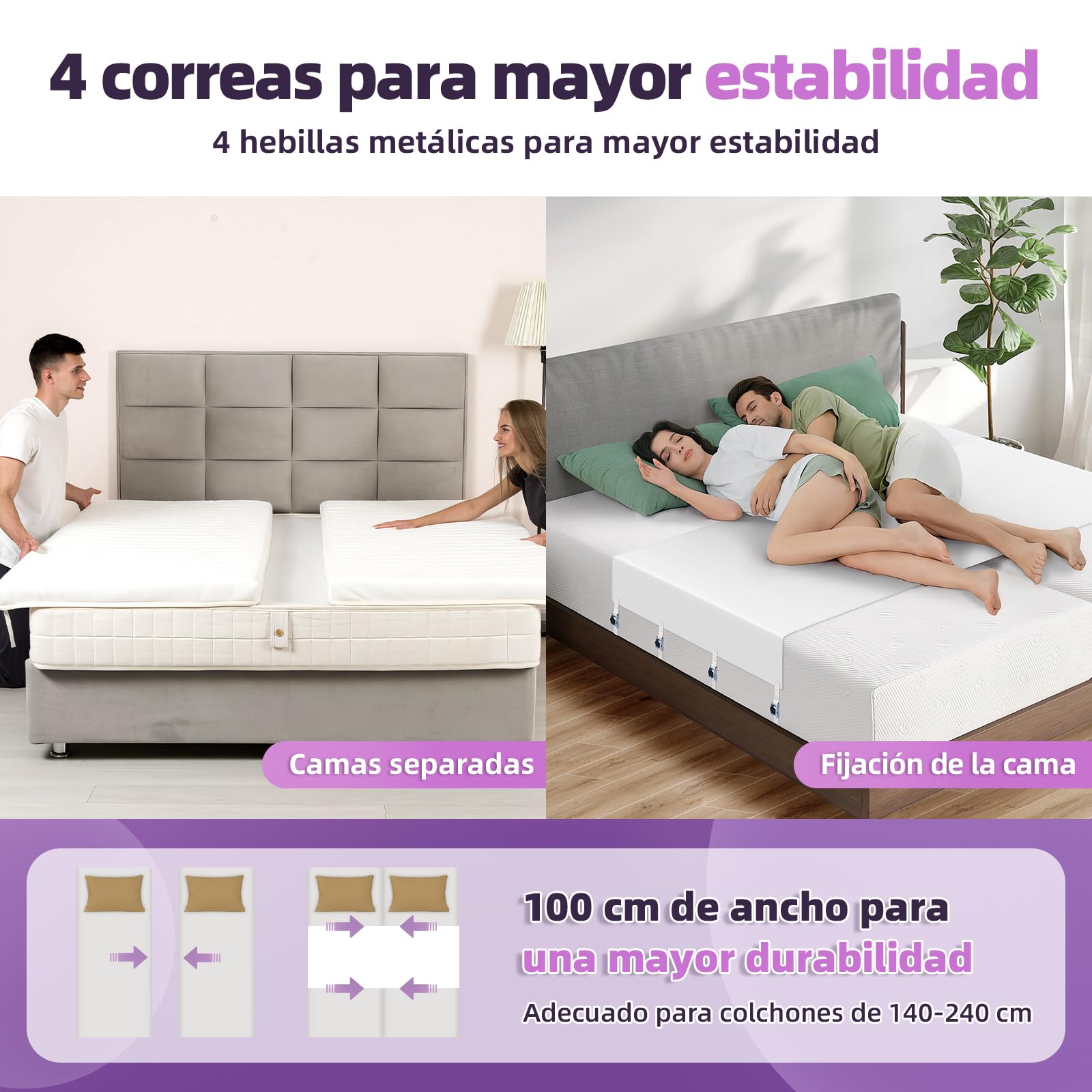 Cubierta de cama 140-240 cm, 4 correas de metal, elimina el agujero, conector parejas/familias
