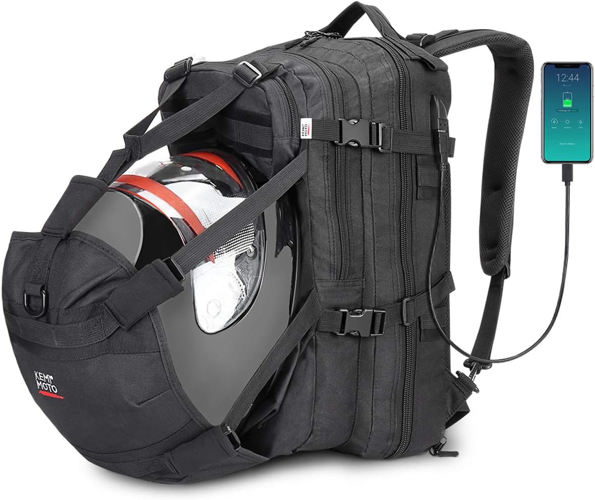 Motorcycle Backpack, Helmet Backpack, 37L Motorcycle Helmet Bag, Snowmobile Helmet Bag with USB-charge Port, Large Capacity Helmet Holder Luggage Storage Bag with Waterproof Cover