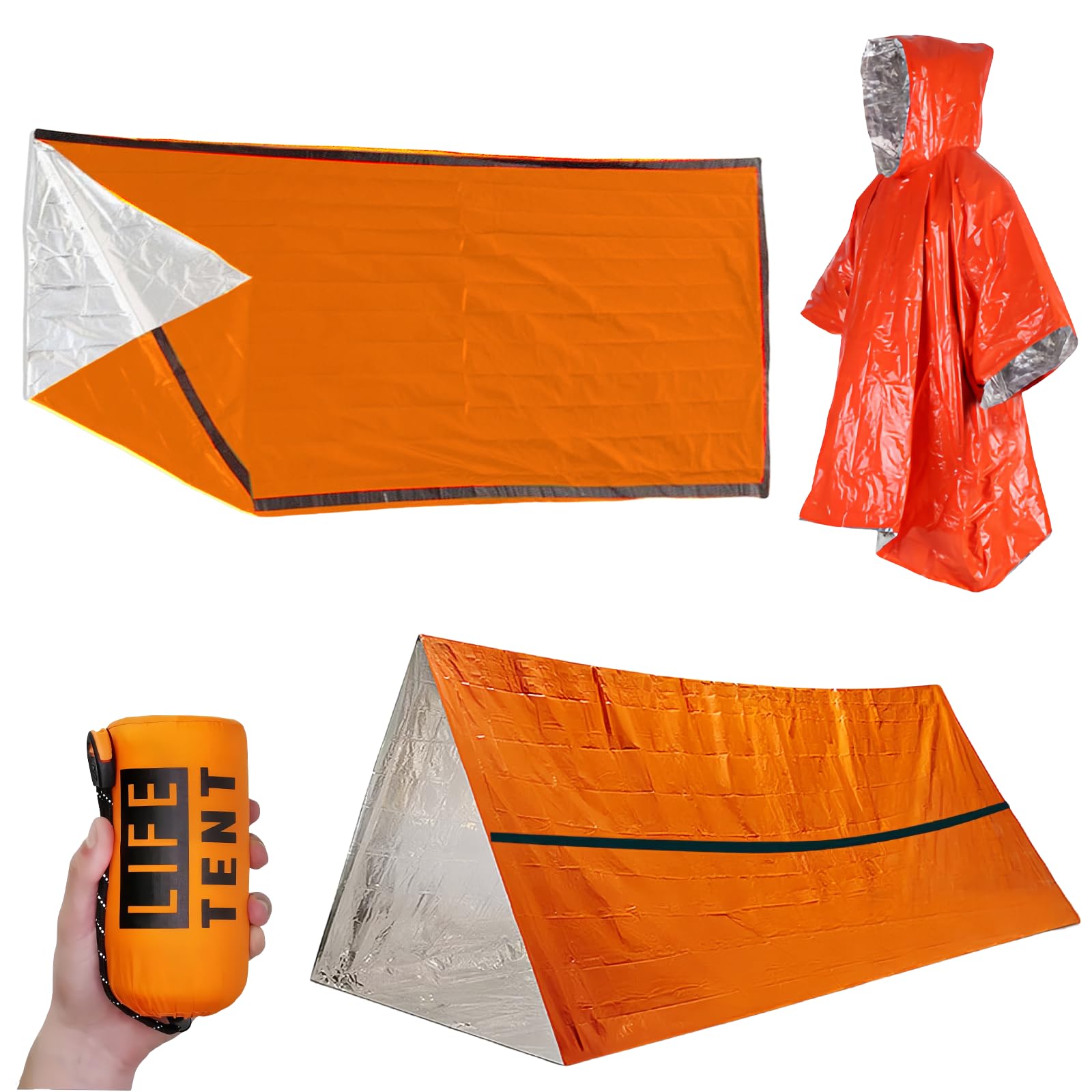 Sacco da bivacco di emergenza riutilizzabile, tenda di emergenza con sacchetto di trasporto, fischietto di segnalazione e poncho antipioggia di emergenza, tenda di salvataggio per campeggio