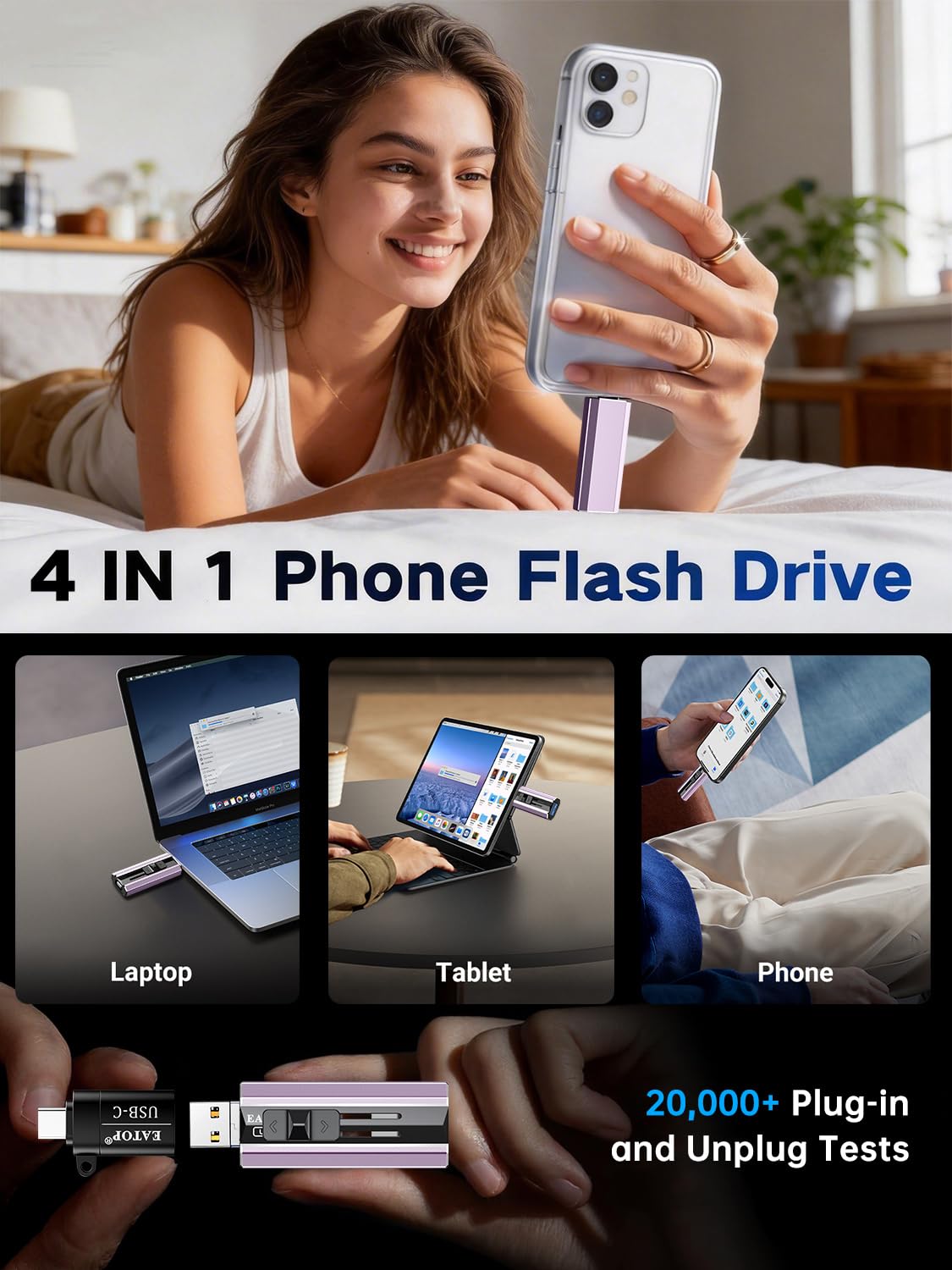 EATOP Chiavetta USB da 512 GB per iPhone e iPad, per backup di foto e video, memoria esterna del telefono, nessuna app richiesta, compatibile con iOS, Android e PC, viola