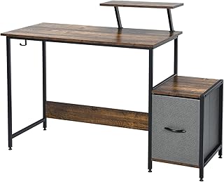 CASART Computer Desk, PC Laptop Table with Side Storage Compartment, Movable Monitor Stand & Headphone Hook, Home Office Study Writing Desk Computer Workstation