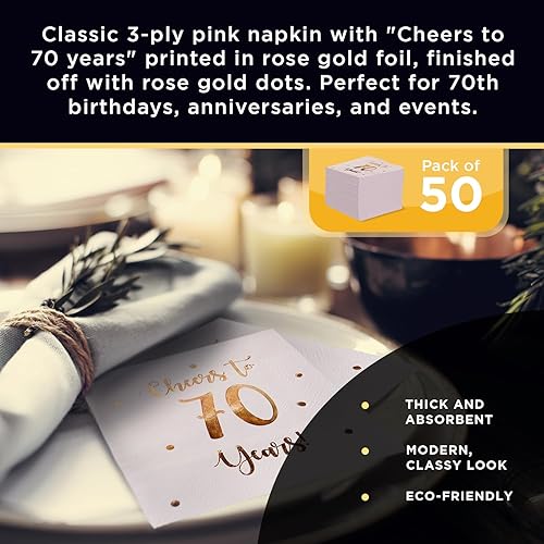 Miniatura 6 de Servilletas de cóctel de Cheers to 70 años, decoraciones de feliz cumpleaños 70 para hombres y mujeres, decoraciones de aniversario de boda, paquete