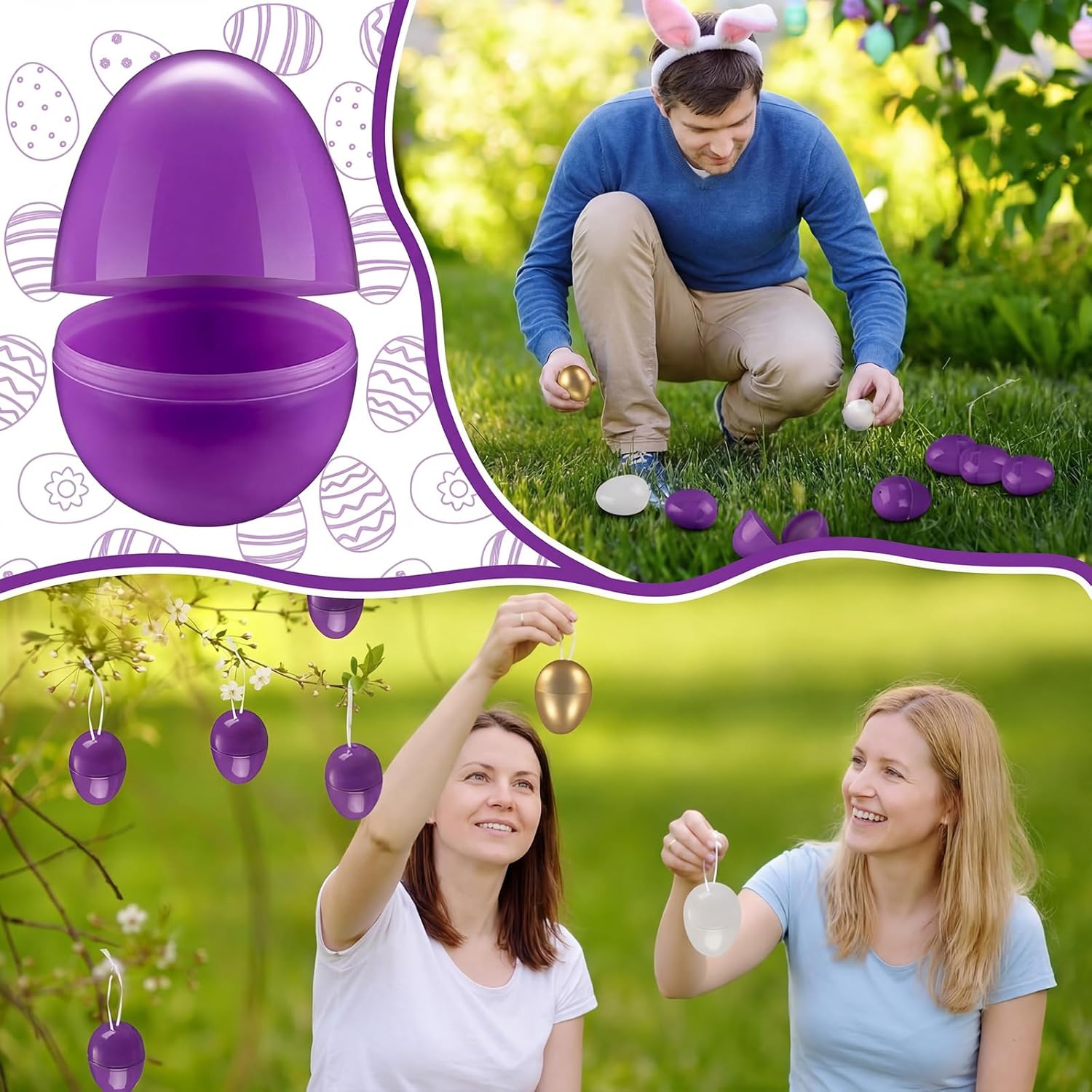 Hiboom 42 Pcs Fillable Easter Eggs Assortment Plastic Easter Surprise Eggs 40 Pcs Colored 1 Golden 1 White Egg Fillable Toys for Egg Hunt Party Favors(Purple)