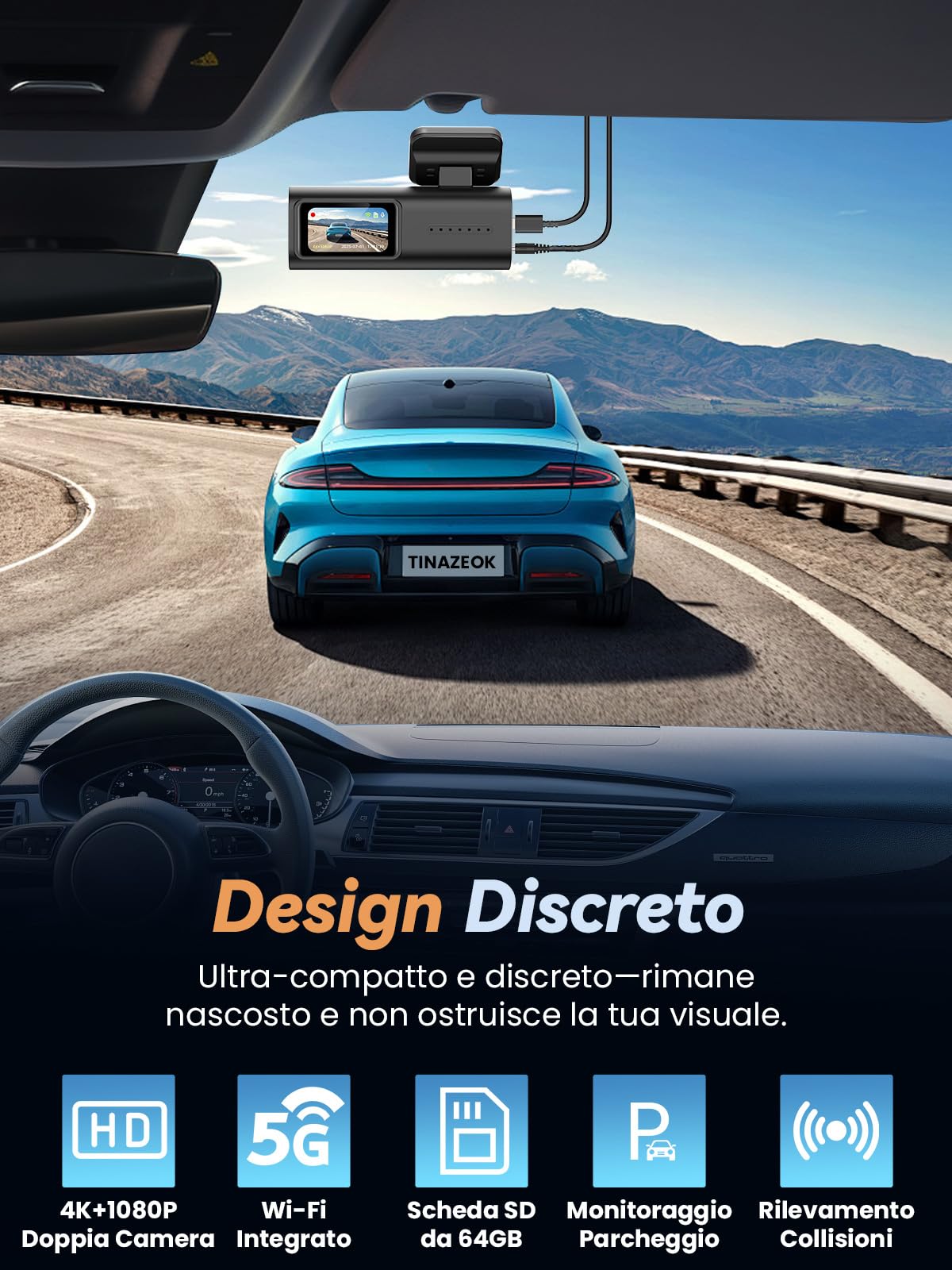C3 Dash Cam Auto 4K+1080P, Telecamera Anteriore e Posteriore, Dashcam Auto con SD 64GB, Wi-Fi 5GHz Controllo tramite App, Visione Notturna, Parcheggio 24H, Sensore G, WDR, 170° Grandangolo