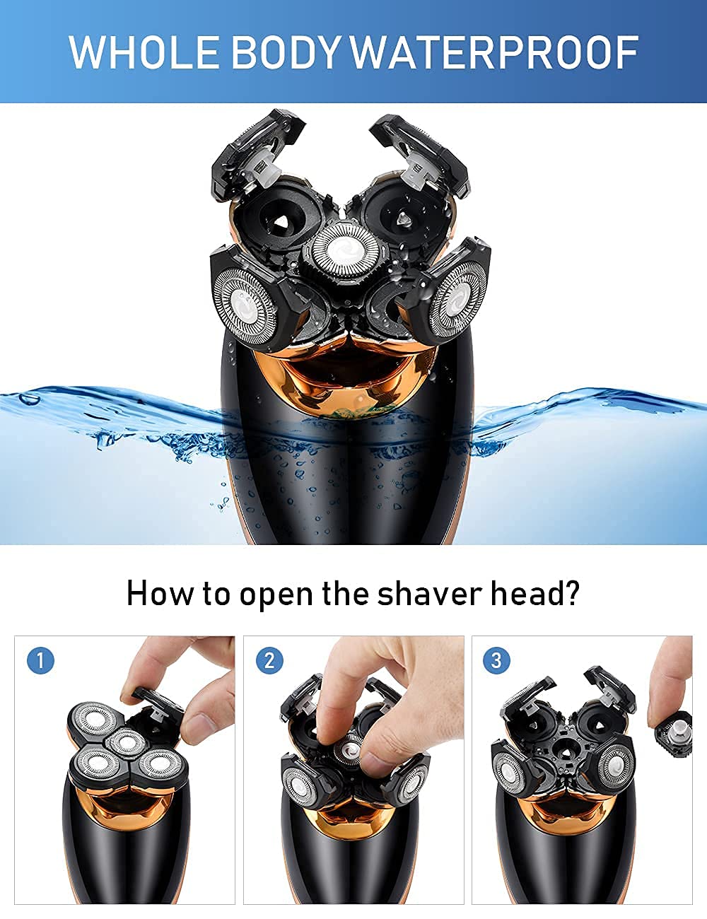 Afeitadora de cabeza eléctrica 5 en 1 para hombres calvos – Afeitadora de cabeza para hombres – Anti-pellizco – Diseño ergonómico – inalámbrico y recargable. (dorado)