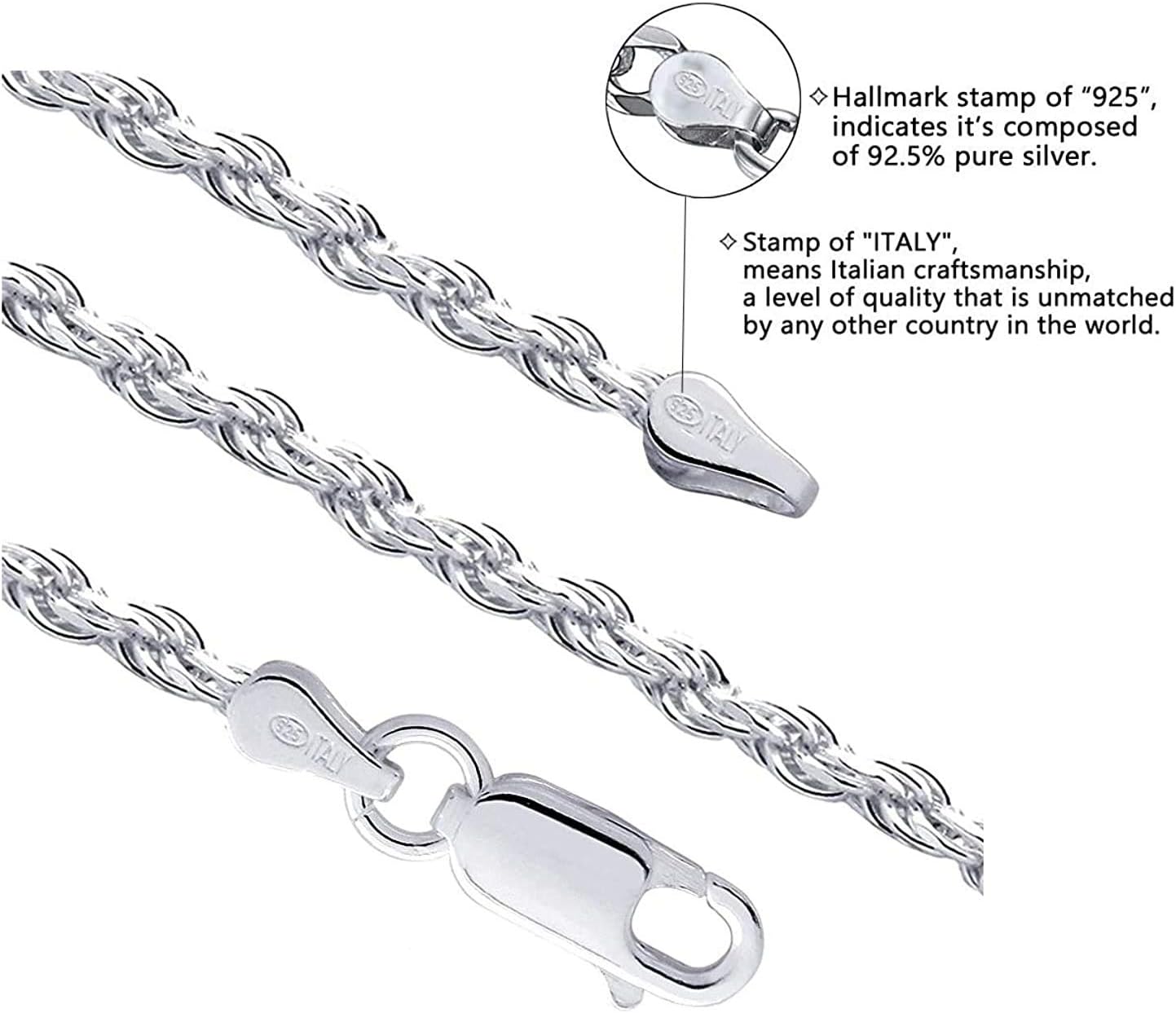 Savlano 925 Sterling Silver 2mm Solid Italian Rope Diamond Cut Twist Link Chain Necklace with a Gift Box for Men & Women - Made in Italy - Image 2