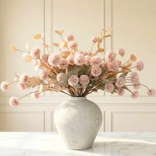 Artificial Flowers for Vase - 12 Stems Beige Faux Silk Mums with Eucalyptus | Faux Flowers Home Decor, Neutral Tan Cream Floral Arrangement, Fake Chrysanthemum Pom Pom Stems, Summer Fall Centerpiece