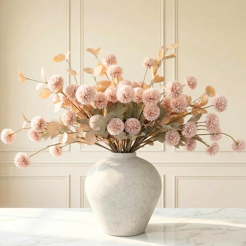 Flores Artificiales para Jarrón - 12 Tallos Mamás de Seda Sintética Beige con Eucalipto | Decoración del hogar de flores sintéticas, arreglo floral crema bronceado neutro, tallos de pompones de crisantemo falsos, pieza central de otoño de verano