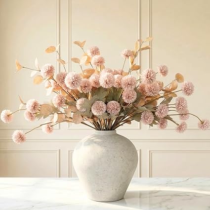 Artificial Flowers for Vase - Beige Silk Mums 10 Long Stems with Eucalyptus, Faux Flowers Home Decor, Neutral Tan Cream Floral Arrangement, Fake Chrysanthemum Pom Pom Stems, Spring Fall Centerpiece