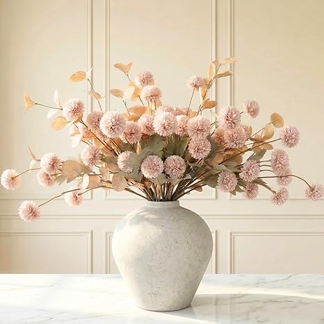 Artificial Flowers for Vase - Beige Silk Mums 10 Long Stems with Eucalyptus, Faux Flowers Home Decor, Neutral Tan Cream Floral Arrangement, Fake Chrysanthemum Pom Pom Stems, Spring Fall Centerpiece