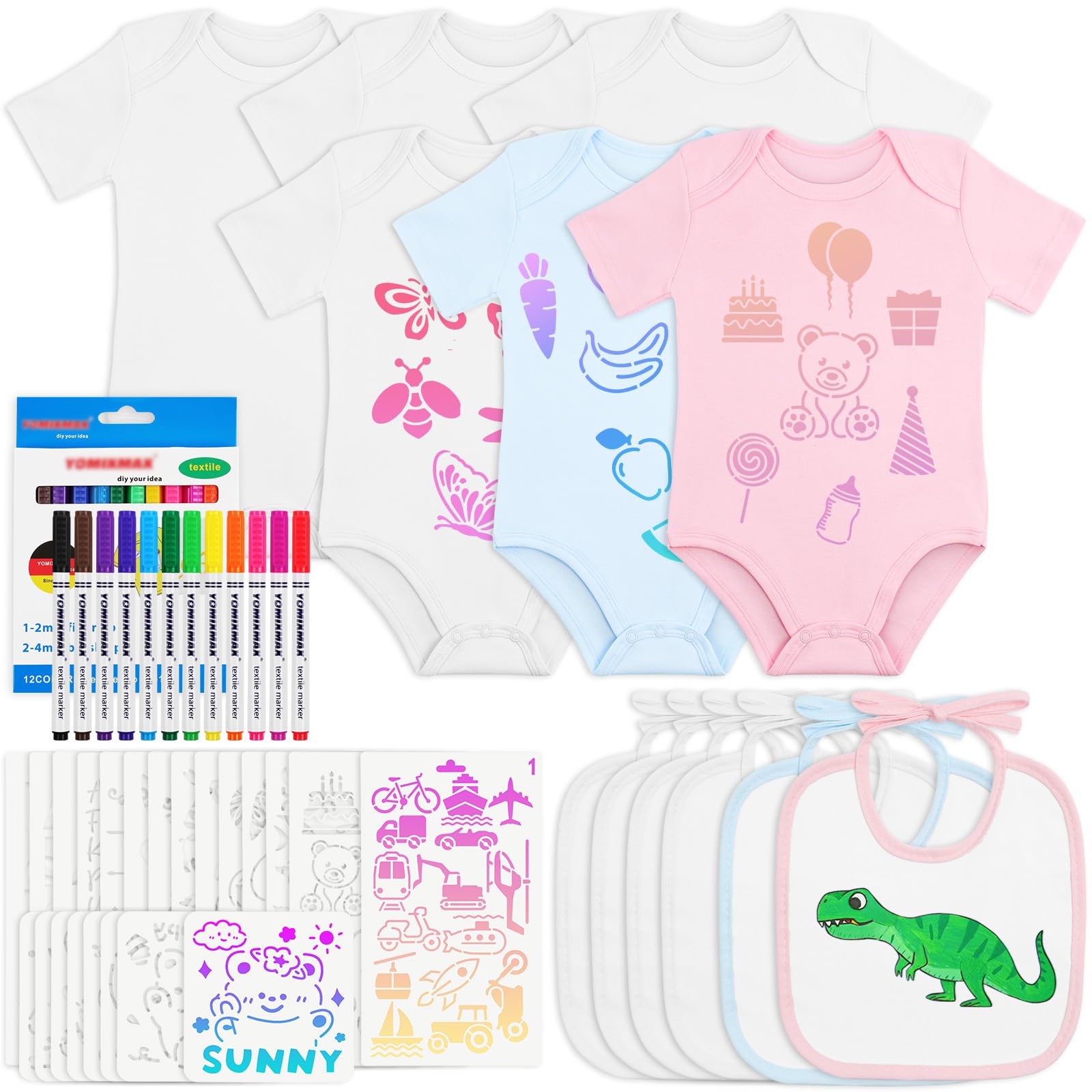 Aolso 12 Stück Lätzchen Zum Bemalen, 6 Kurzarmbody Aus Baumwolle + 6 DIY Babylätzchen mit 12 Textilstift und 22 Zeichenvorlage, Strampler für Babyparty Babyshower Spiele(6-9 Monate)