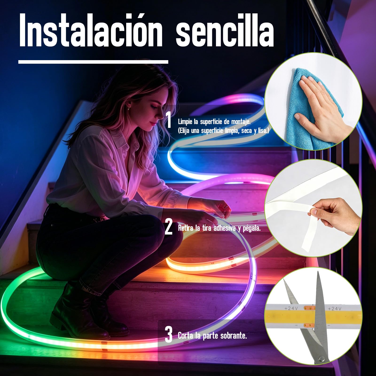 Tira de LED COB 24V 5M RGB con Control Remoto y AC Enchufe LED Strip Light 576LED/M Banda Flexible DIY Tiras Led para Habitación TV Cocina Gabinete SIN Fuente de Alimentación