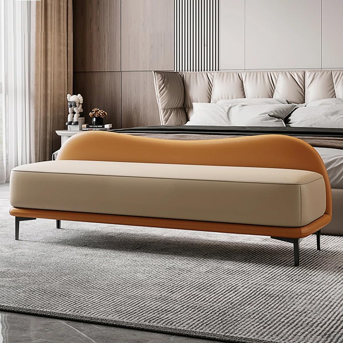 Faux Leather Upholstered Bench Ottoman Sofa couches Ottoman Bench 2 Seater Sofa Chaise Lounger Pouffe Modern Upholstered Bench with Metal Legs, Contemporary Bedroom Furniture (Orange / Beige)-image-16