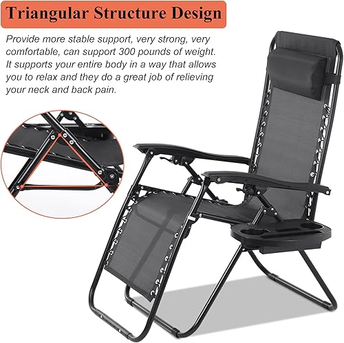 Miniatura 5 de Zero Gravity - Juego de 2 sillas plegables reclinables ajustables, silla de césped con almohada y bandeja portavasos, silla plegable para