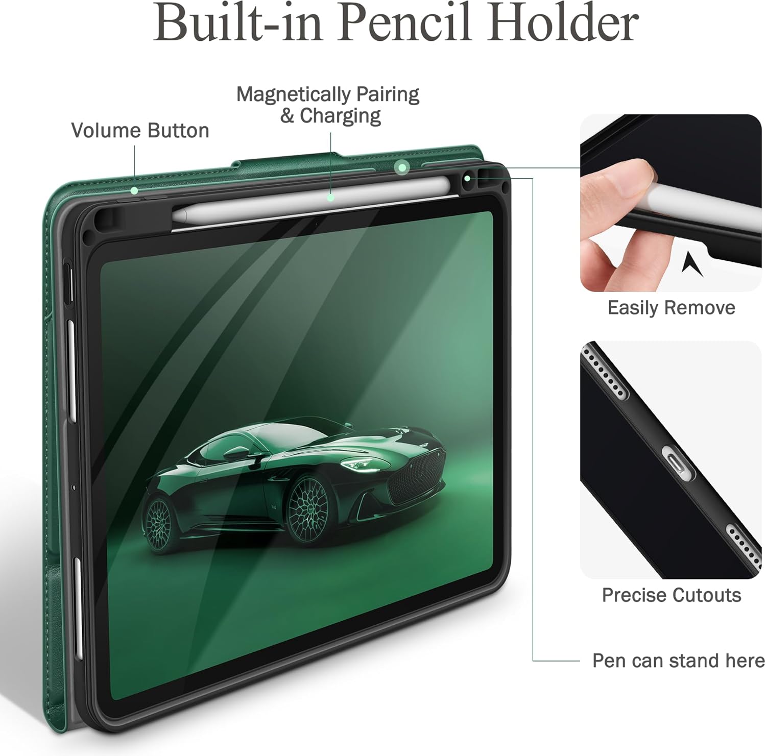 auaua Case for iPad Pro 11 Inch (M5/M4) 2025/2024, with Pencil Holder and Pocket, Multiple Angles Viewing, Magnetic Closure, Auto Sleep/Wake (Green) - Image 5