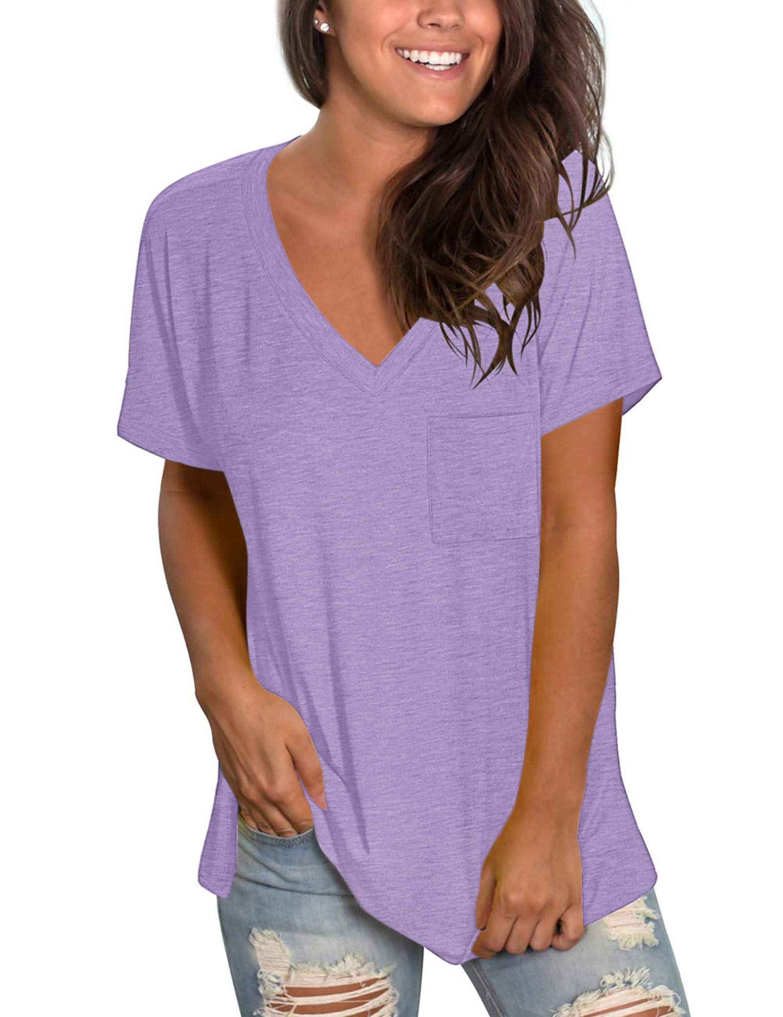 Molerani Women's Light Purple Short Sleeve V-Neck Shirts Loose Casual Tee Summer Tops With Pocket (2Xl, )