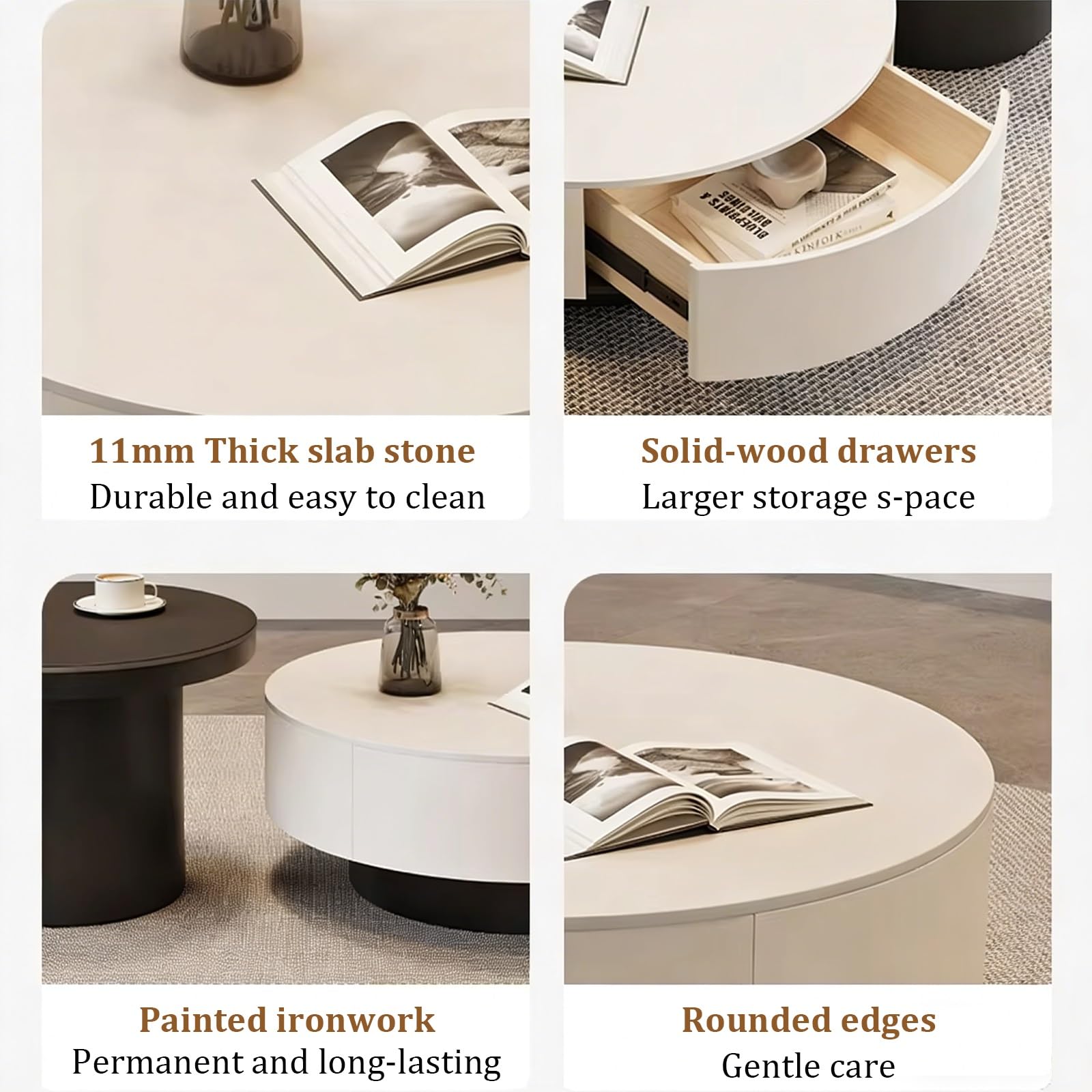 Elegante juego de mesa de café White Rock, mesas redondas anidables (70 cm + 50 cm) para sala de estar, patas gruesas, decoración moderna y elegante para el hogar, muebles de acento perfecto