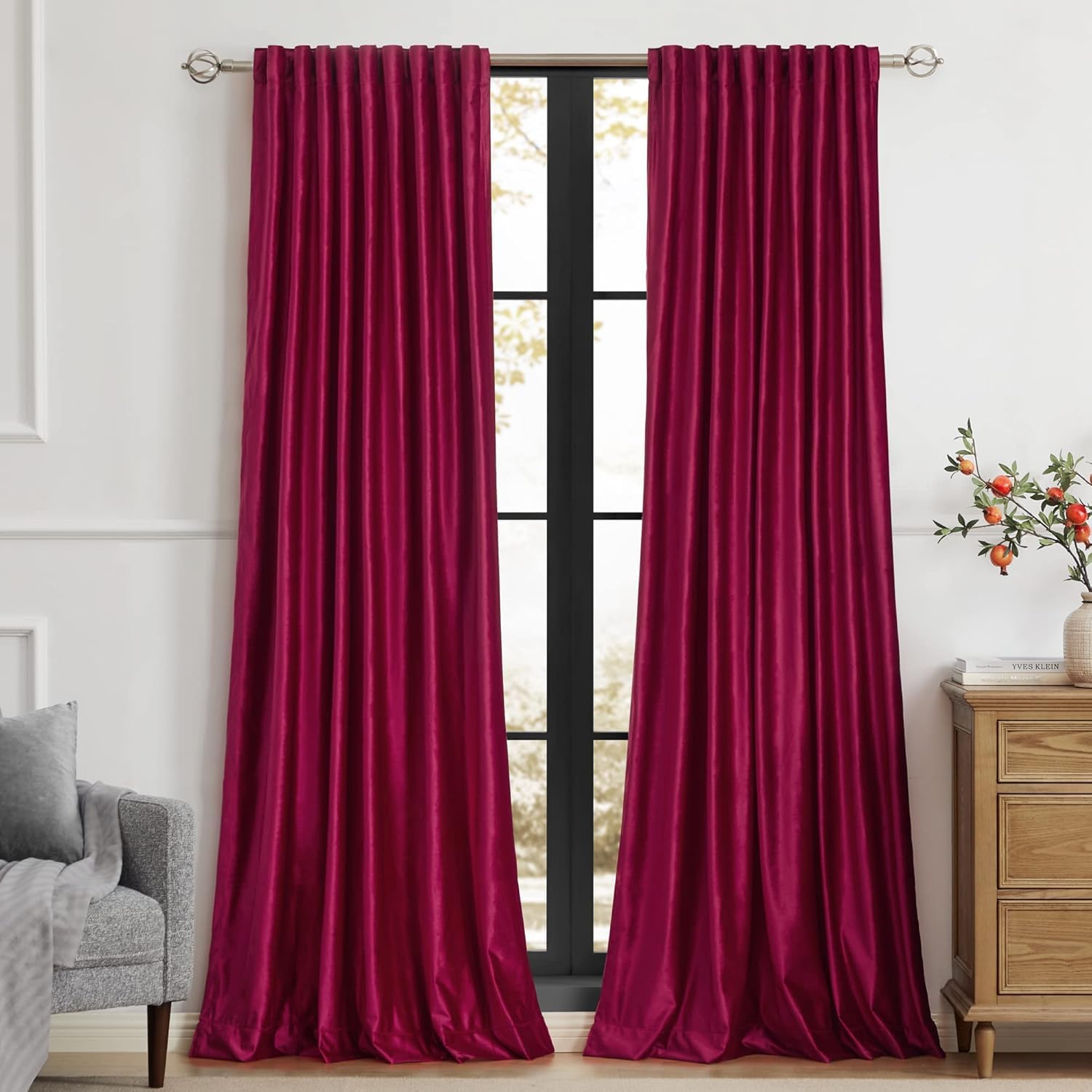 PRIMROSE Red Curtains for Living Room, Velvet Curtains, Blackout, Rod Pocket, Window Treatment, Semi-Blackout, Decorative Curtains for Bedroom, 2 Panels
