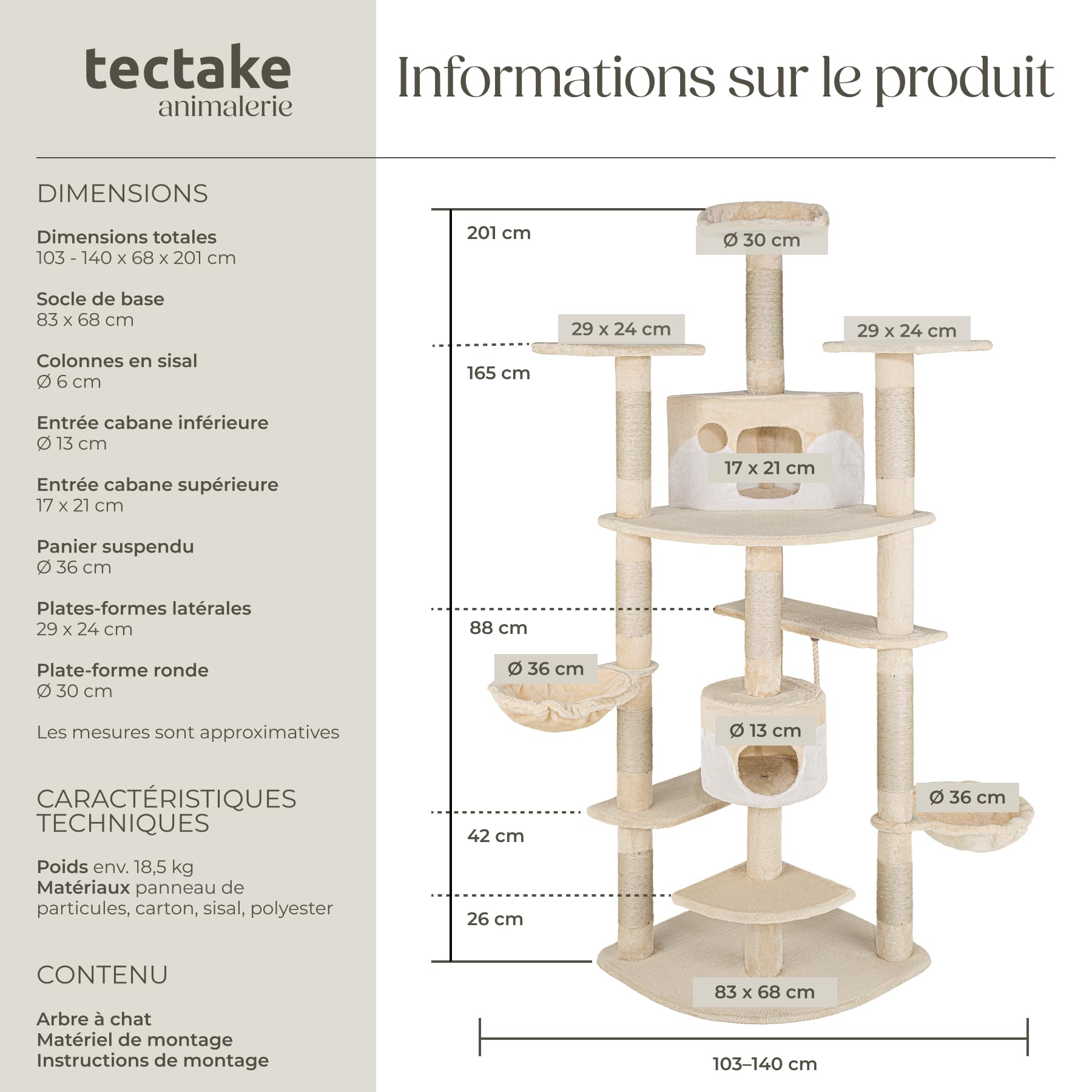 tectake® Arbre à Chat XXL Griffoir pour Chat en sisal H201 cm, Maison pour Chats Accessoire Chats avec Grattoir Niche Couchage Hamac Panier Lit