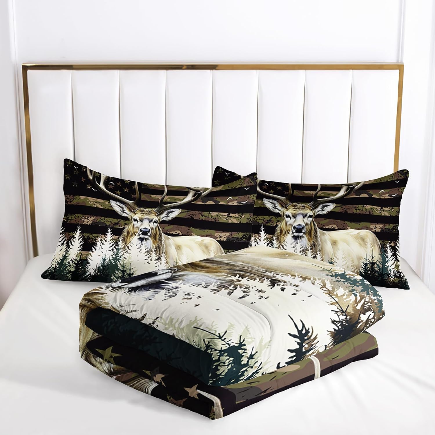 Deer Comforter Sets for Boys Kids Teens American Flag Camo Bedding Sets, Full Size Western Farmhouse Wild Animal Quilt Black White Home Decor 3 Pcs with 1 Comforter 2 Pillowcase