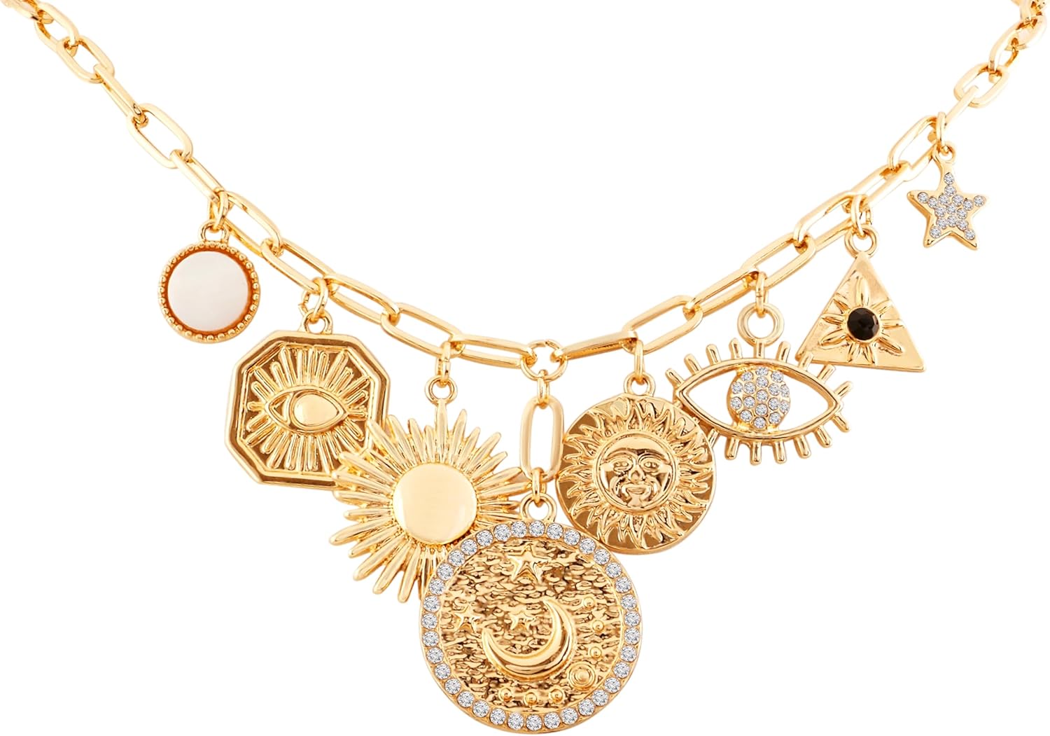 MINACHI Multi Charm Chain Necklace, Shell Evil Eye Charms, Retro Ethnic Style Jewelry for Women