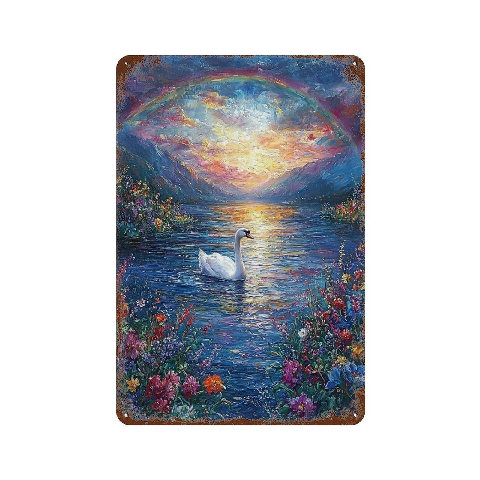 Swan Lake with Rainbow Rust Effect Tin Sign 11.8"x7.9", Vintage Wall Decor for Garage, Pub Or Kitchen