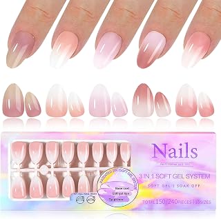 Almond Press On Nails Medium, Pre-colored Ombre Press on Nails Almond Nail Tips, 5 Colors Soft Gel Nails False Nail Kit, 150pcs Ombre Nails Press ons Medium Fake Nails