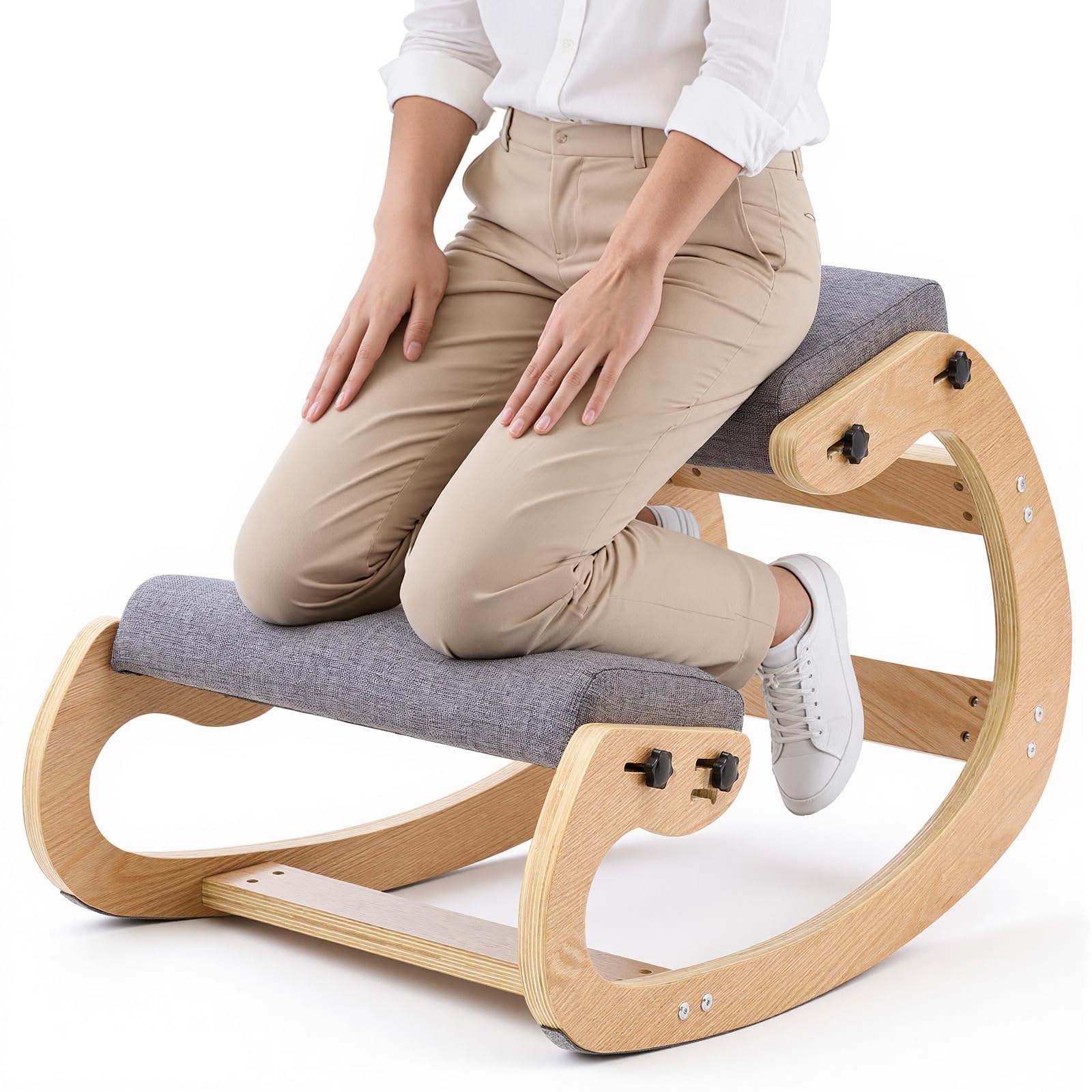 VEVOR Chaise à Genoux Ergonomique, Siège Assis Genoux Coussins en Mousse Épaisse, Réglables à 3 Niveaux, pour Maison Bureau Méditation, Cadre en Bois Massif, Soulage Tensions du Cou et du Dos, Grise