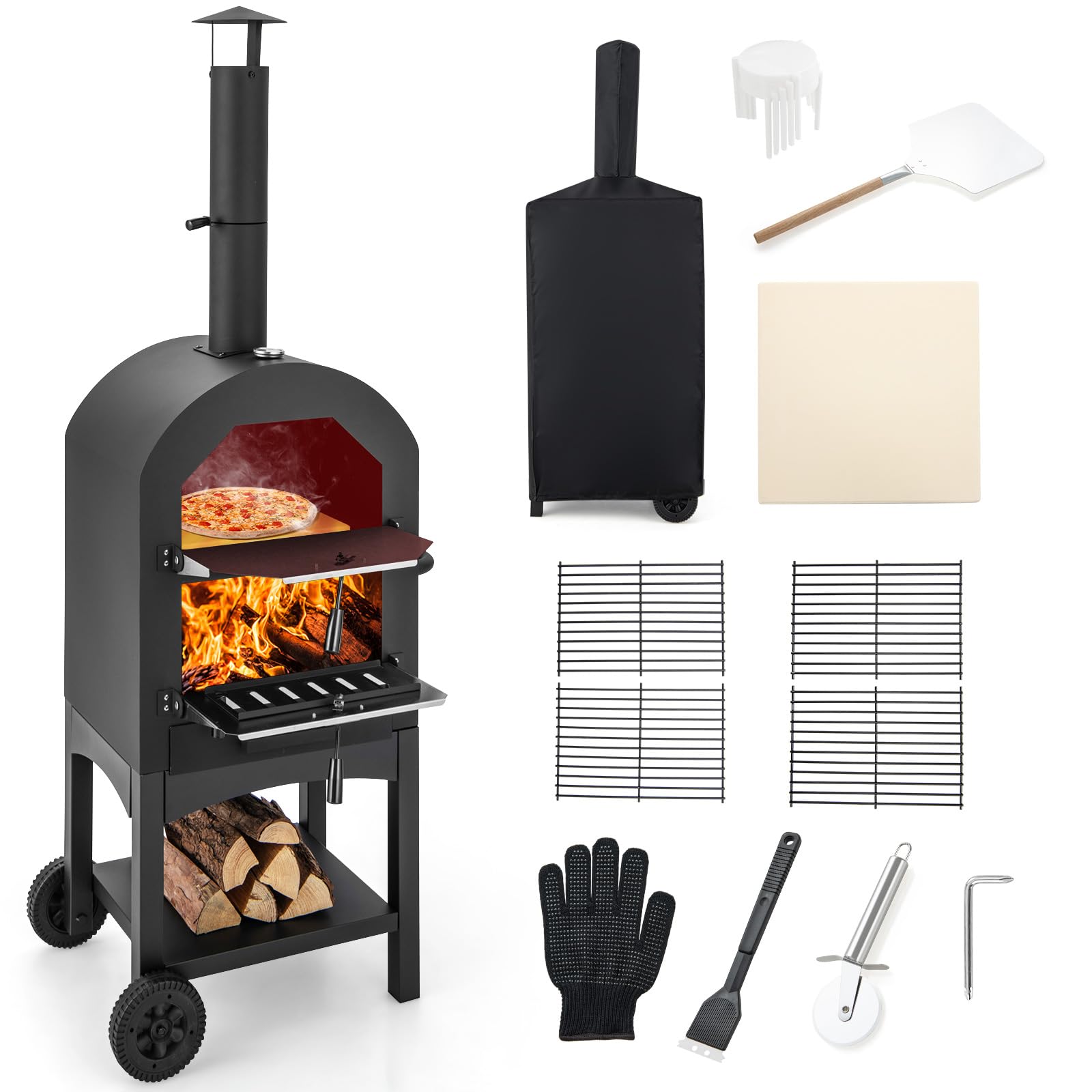 COSTWAY Four à Pizza Extérieur avec Thermomètre Intégré, Grill à Pizza Mobile, Noir