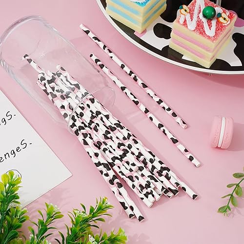 Miniatura 5 de Whaline 200 popotes con estampado de vaca, color negro y rosa, pajitas de papel desechables para fiesta de vaquera, para boda, baby shower,