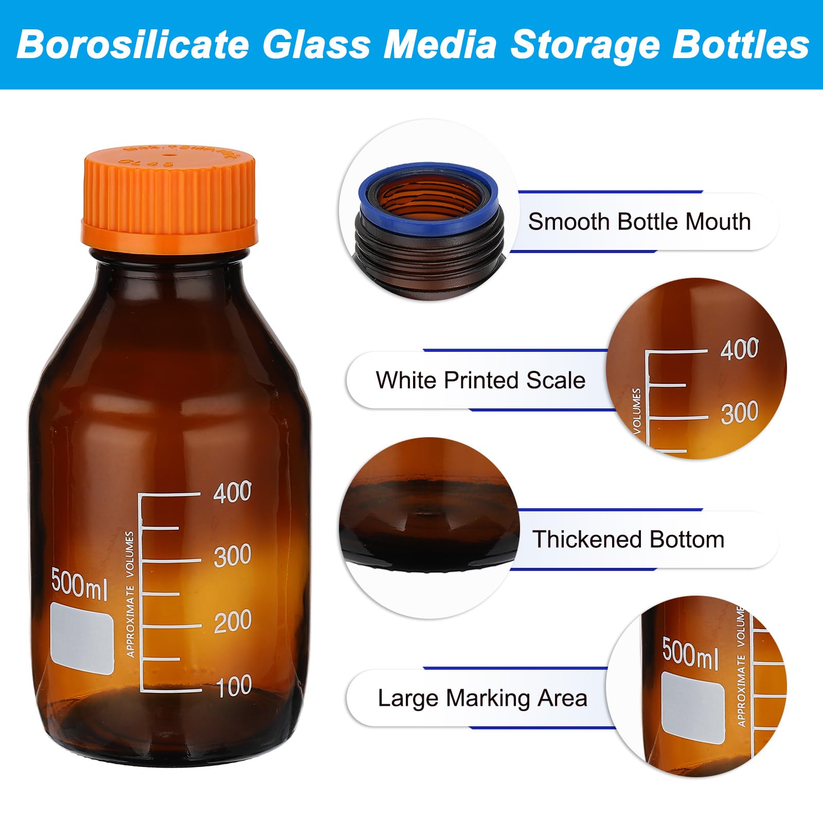 PATIKIL Confezione da 6 bottiglie rotonde per reagenti, in vetro borosilicato da 500 ml, graduate, con tappo a vite GL32 arancione, per liquidi reagenti d'acqua di laboratorio, ambra