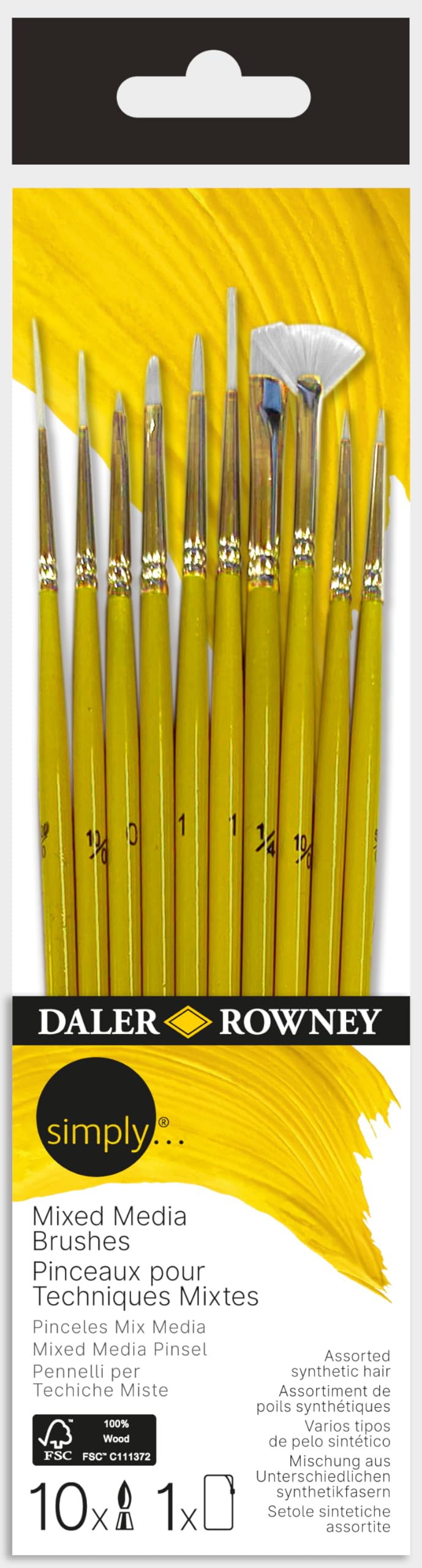 Daler-Rowney Simply Mixed Media Detail Brush Set, 10 Pieces, Short Handle, Watercolour, Acrylic, Mixed Media, Oil Painting, Art Tools, For Entry-Level Artists & Hobbyists