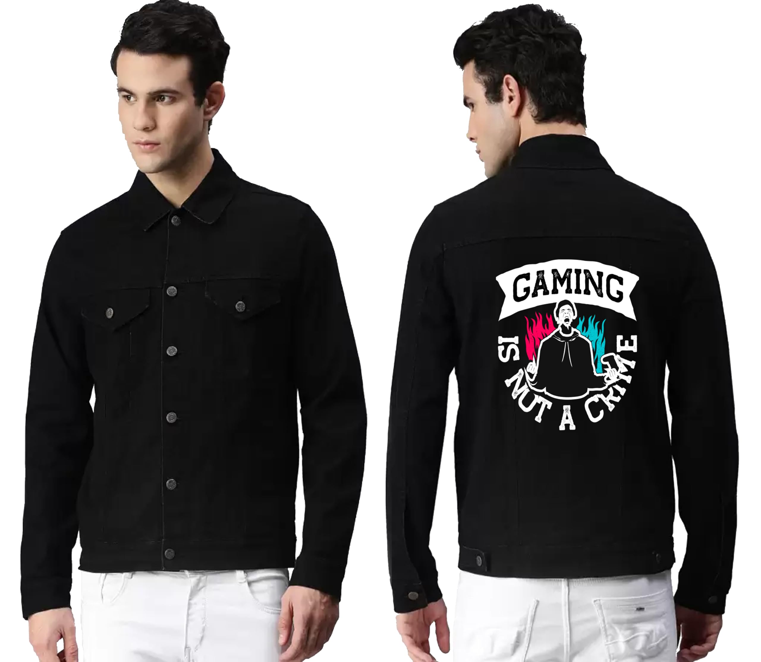 Mens Stylish Regular Fit Long Sleeve Printed Denim Jacket