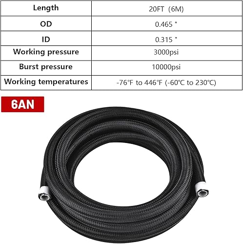 Miniatura 4 de Piodelo 6AN Manguera de línea de combustible de PTFE de 20 pies, manguera de combustible de acero inoxidable trenzada de nailon E85 compatible con
