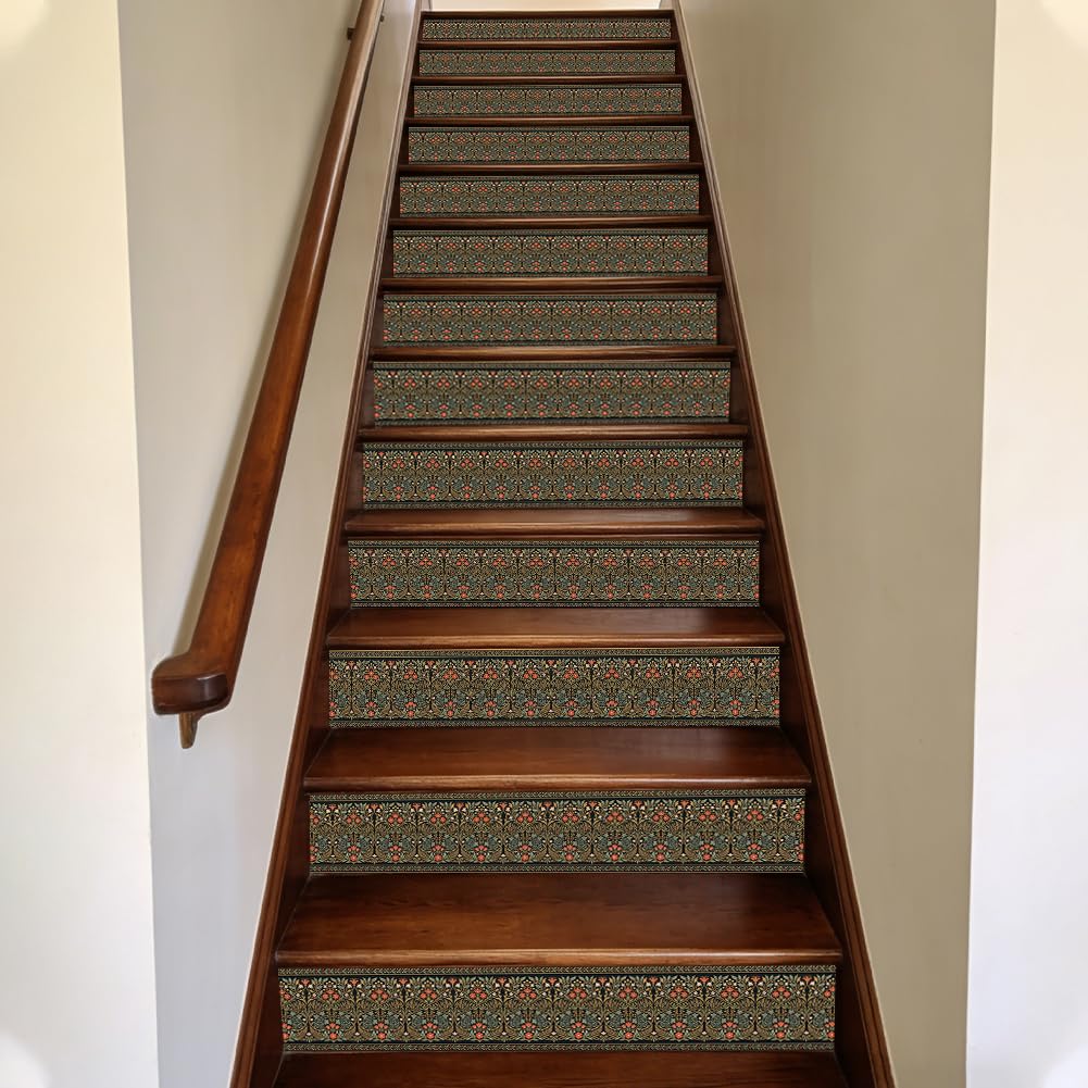 TNKBREEZE 15 Strips Dark Yellow Floral Stairs Stickers Vintage Bohe Peel and Stick Stair Riser Decals Removable Self-Adhesive PVC Art Sticker Decor for Steps Staircase Murals Decals 39.37×7.09inch