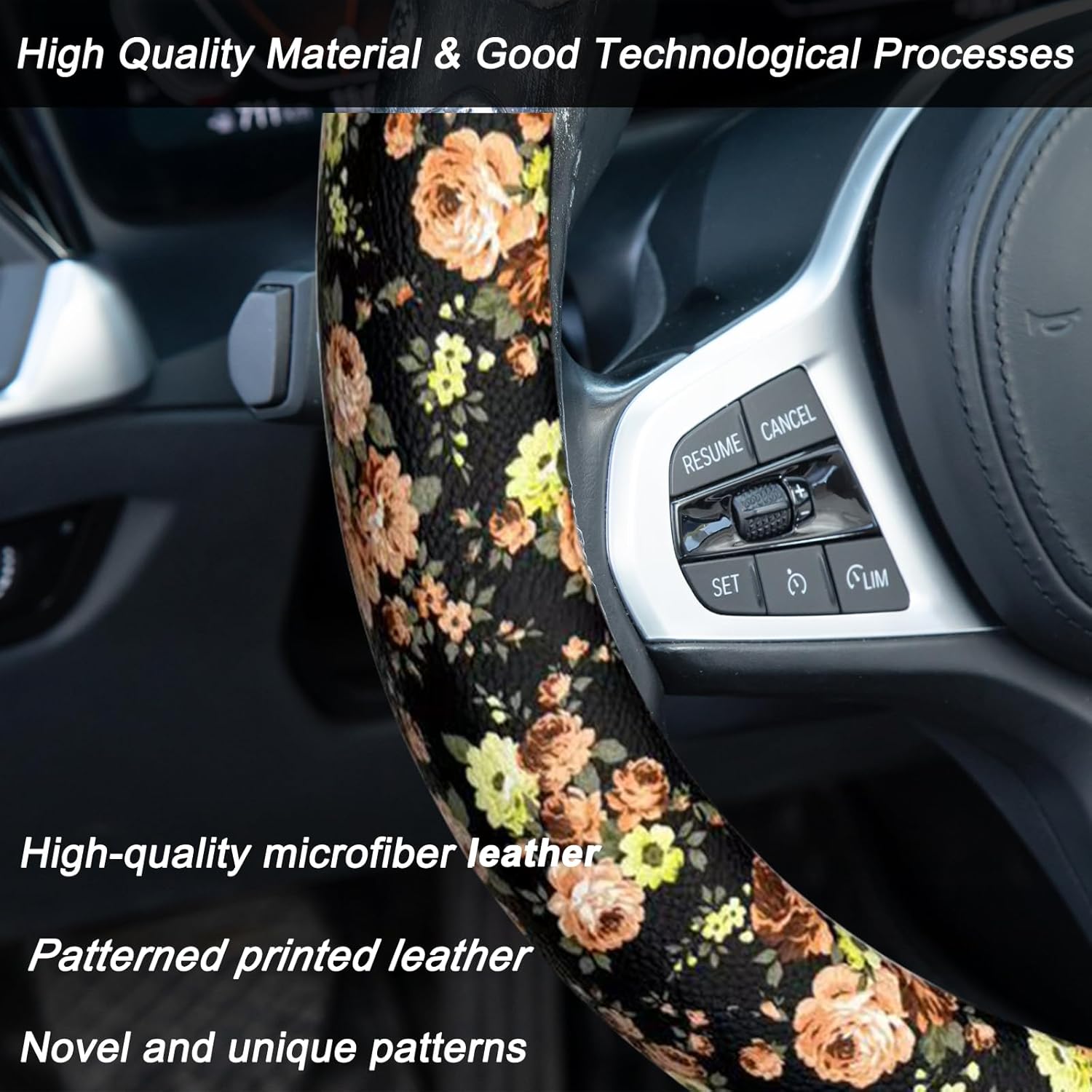 Car Steering Wheel Cover - Universal 14.5-15 Inch, Black Leather with Orange Rose & Yellow Flower Print