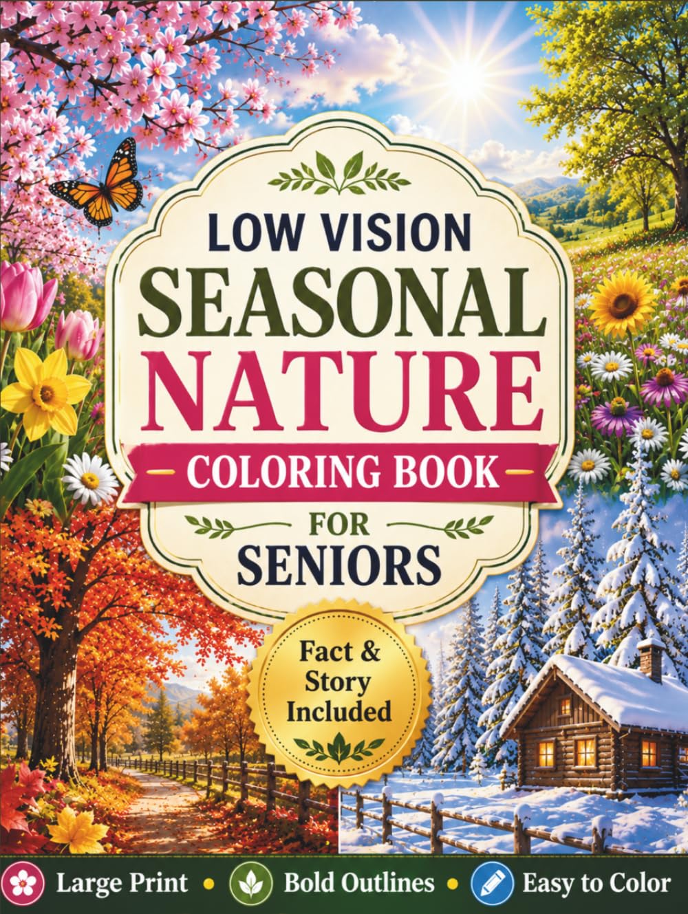 Low Vision Seasonal Nature Coloring Book for Seniors: 50 Large Print, Bold and Easy Nature Scenes Featuring Spring, Summer, Autumn, and Winter ... Stress Relief, and Comfortable Coloring
