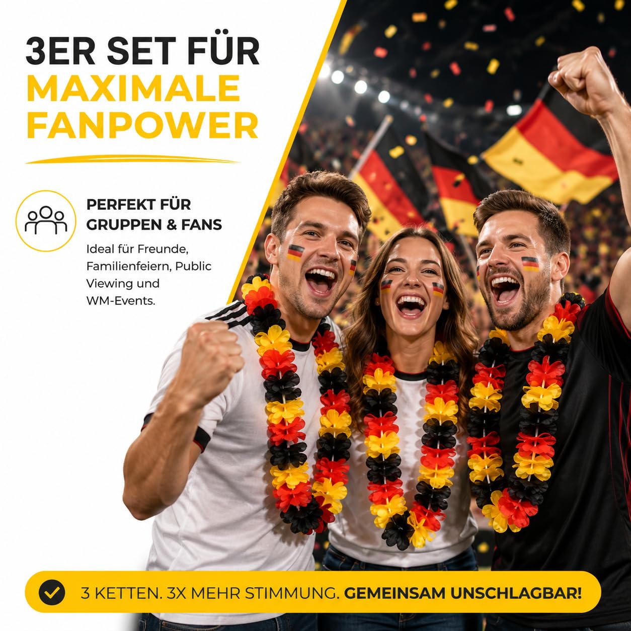 TK Gruppe Timo Klingler 3 collane per fan della Germania Coppa del Mondo 2026 – extra lunghe – Collana hawaiana in nero, rosso, oro per feste di calcio e decorazioni per i campionati europei (3)