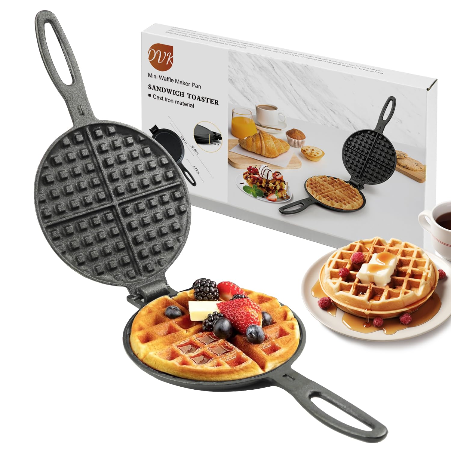 DVK 7 Inch Round Cast Iron Waffle Iron