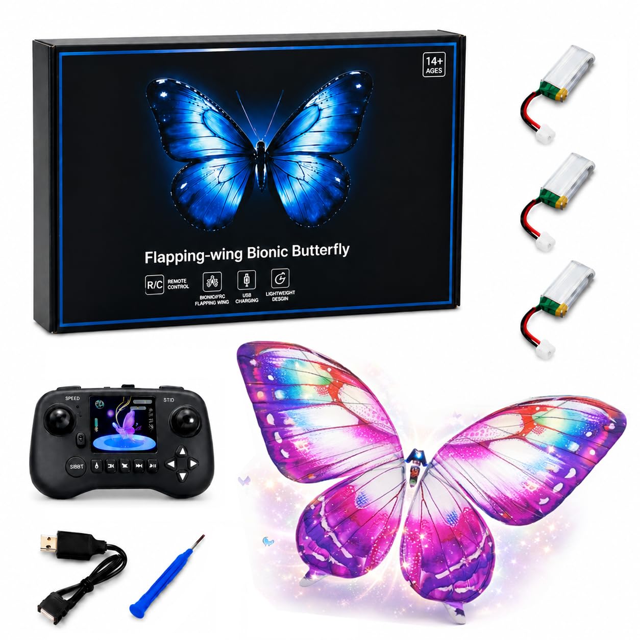 RC Bionic Butterfly Ornithopter Drohne mit Sensorunterstützung LED Beleuchtung batteriebetrieben Bunte Schmetterlingsflügel lustiges Flugspielzeug für drinnen und draußen Geschenk(Purple)