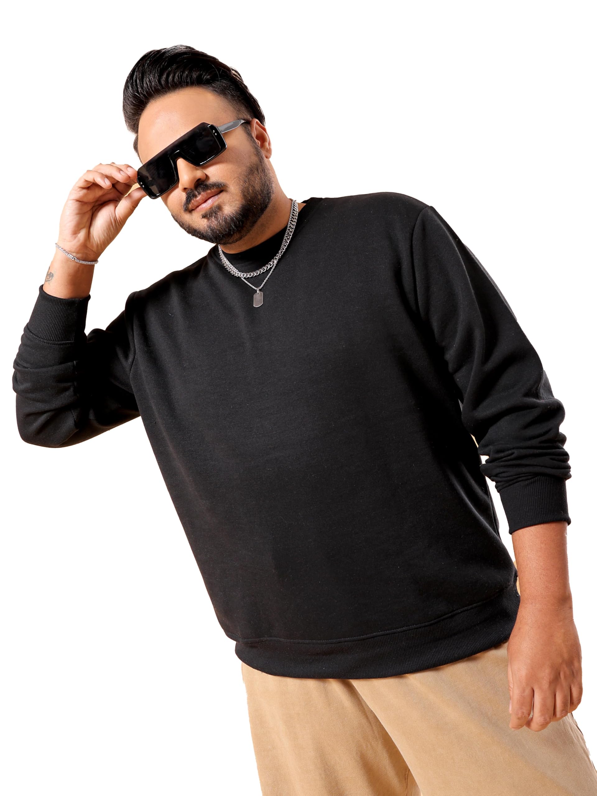 hardsoda Men Black Plus Size Solid Crew Neck Pull On Sweatshirt (Black_6XL)-picture-11