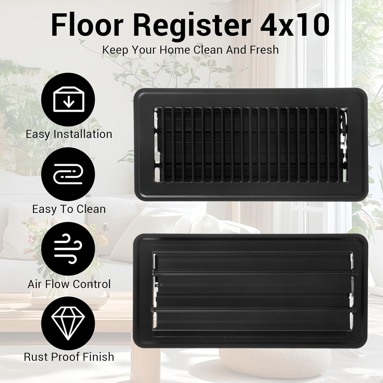 4x10 Inch Floor Register, 4 PCS Heavy Duty Metal Air Vent Covers, Rust Proof Finish for Home Heater, Wall and Ceiling Vents, Black