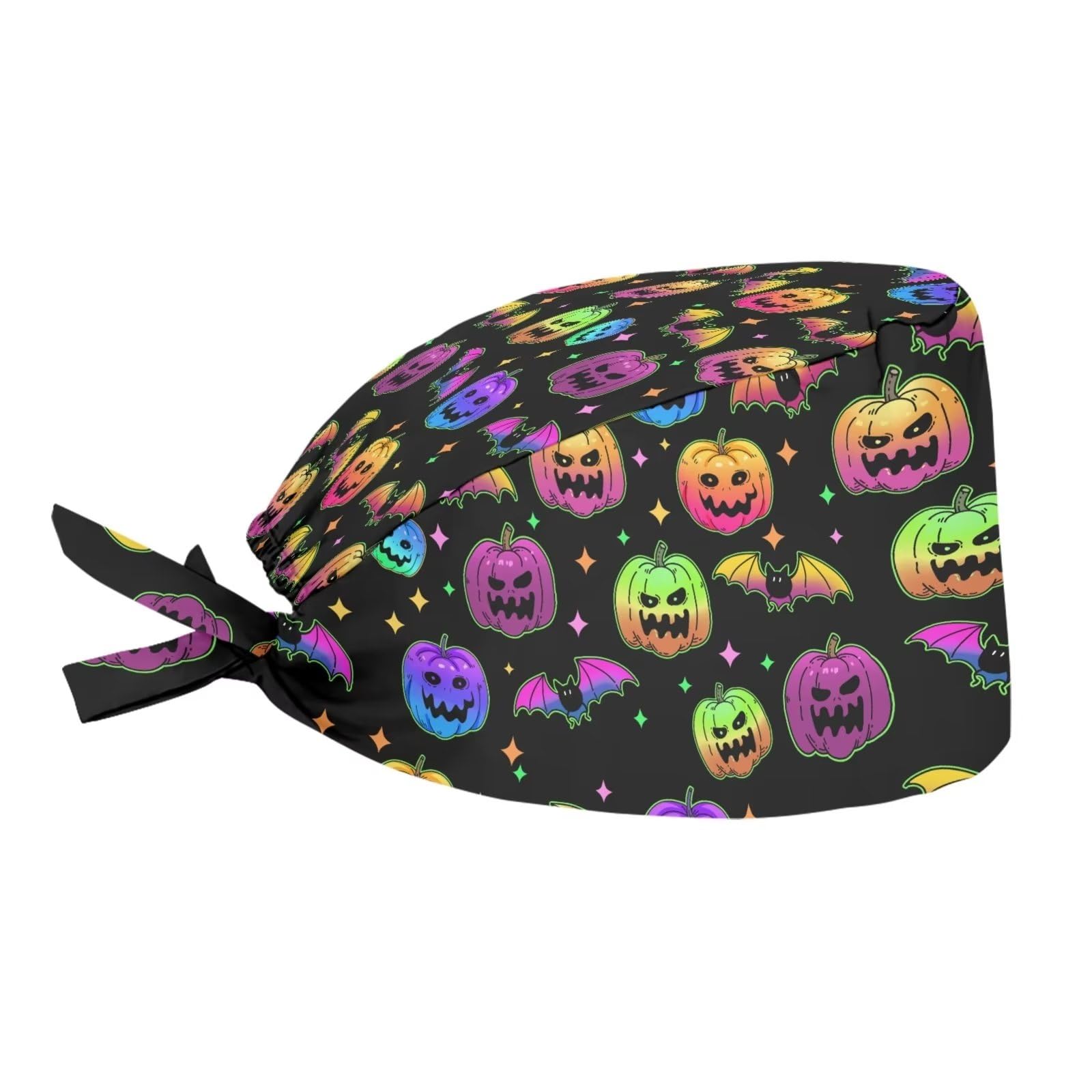 JEOCODY Halloween Pumpkin and Bat Adjustable Fashional Cap Head Scarf Beanie Working Cap with Sweatband and Buttons