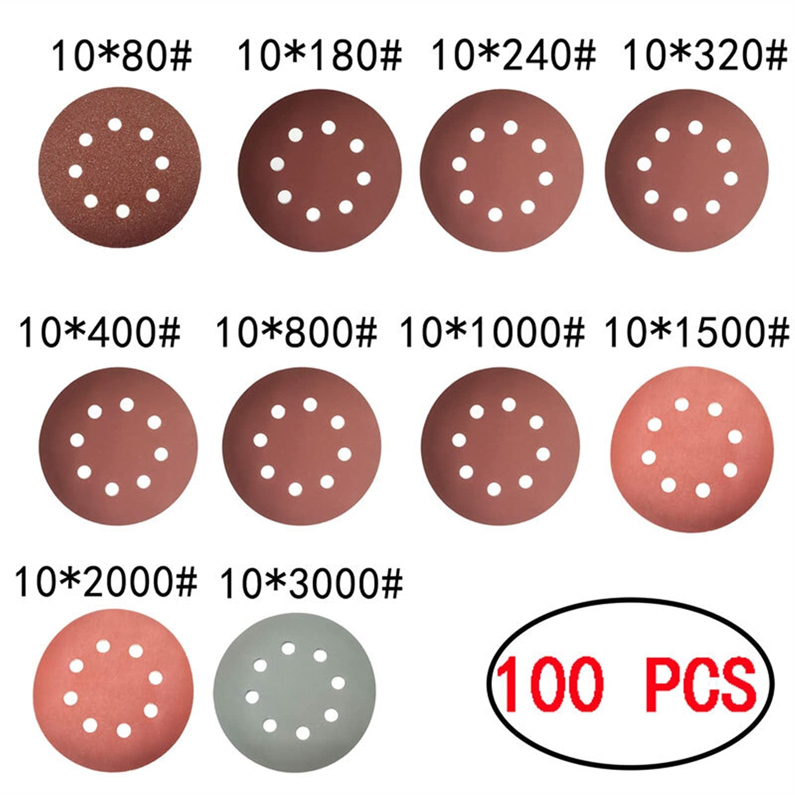 Disco de Lija 50 unids o 100 unids de 125 mm Discos de Lijado de Forma Redonda Papel de Lija Ocho Orificio Hojas de Arena Grit 80 a 3000 Hook and Loop Sanding Disc(100 PCS)