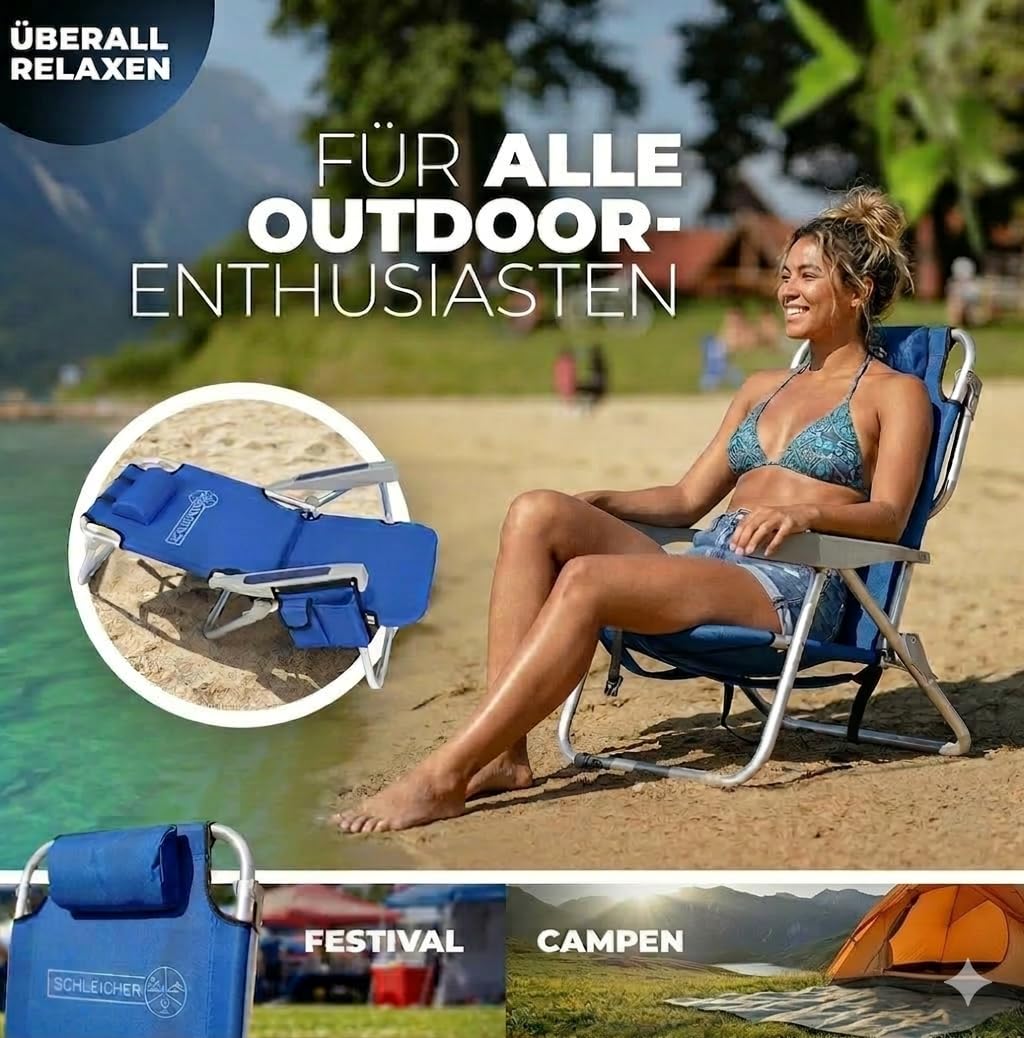 Schleicher 4-in-1 Strandstuhl & Campingstuhl – Ultraleicht mit Rucksackfunktion, Kühlfach & Kissen – Belastbar bis 150kg – Faltbarer Outdoorstuhl für Strand & Reise – Ocean Blue
