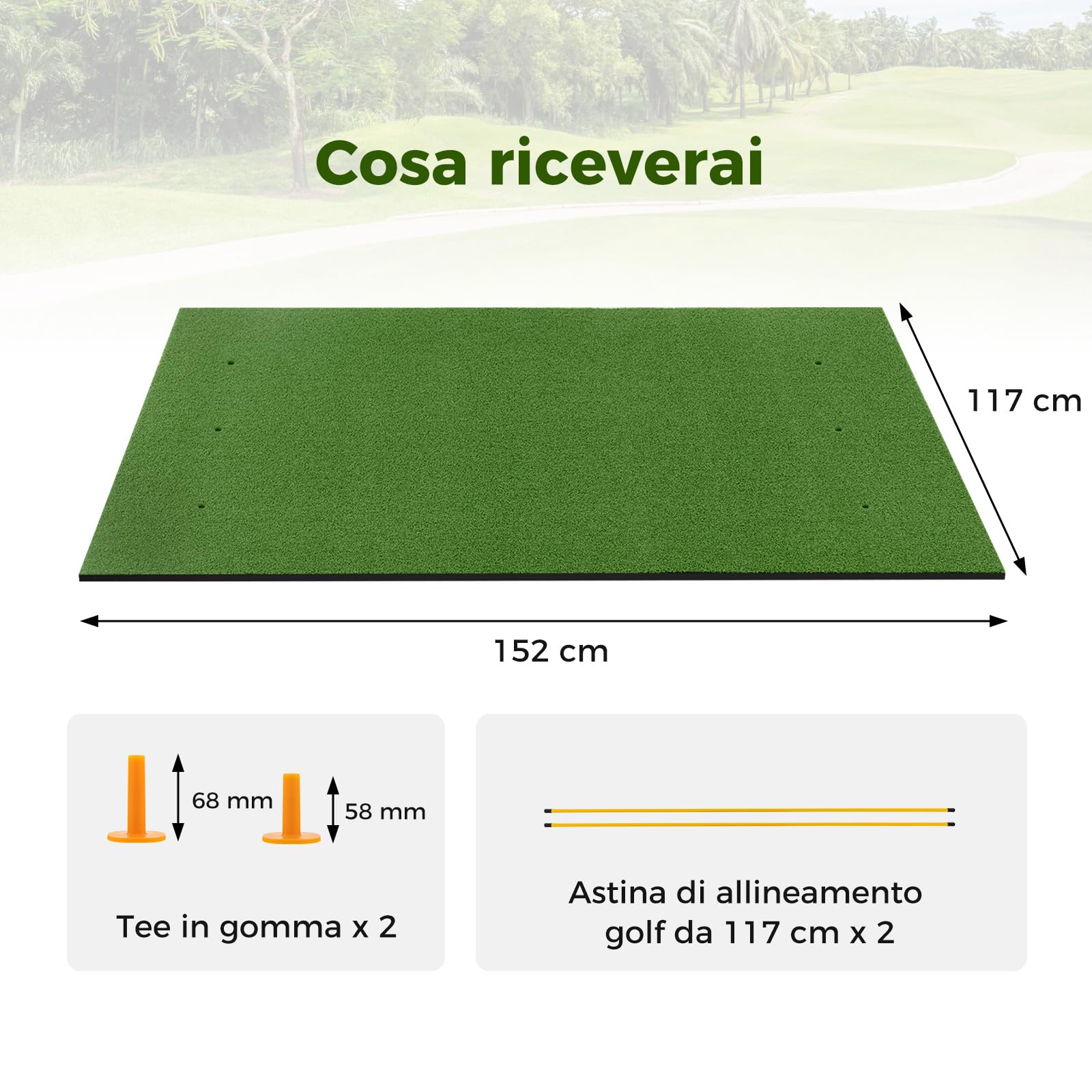 COSTWAY Tappeto da Allenamento Golf 3-in-1, Tappetino da Allenamento in Erba Sintetica con 2 Punte da Golf, 2 Aste di Allineamento e 3 Fori Preforati per le Punte