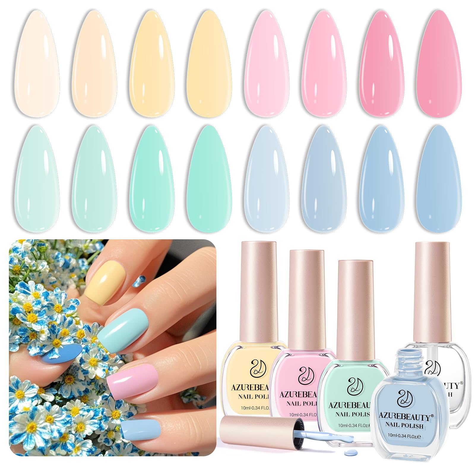 Nail Polish Set, 4 Colors Pastel Spring Macarons Pink Blue Green Yellow Quick Dry Natural Easter Gift Fingernail Lacquer Strengthening Kit with Top Coat DIY Salon at Home