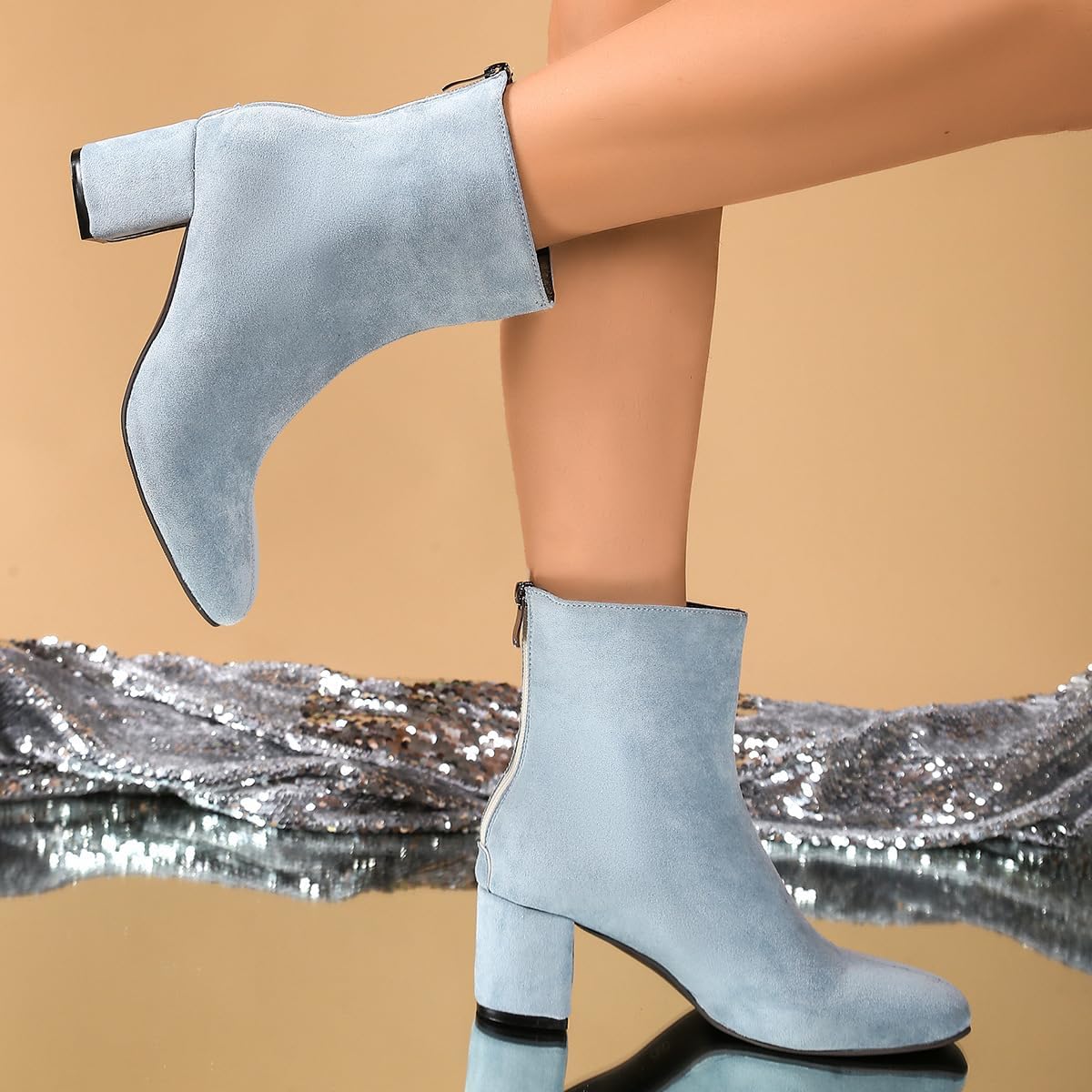 Women's Style High-Heeled Fashion Boots, Square Toe Block Chunky Heel Classic Suede Short Boots with Back Zipper